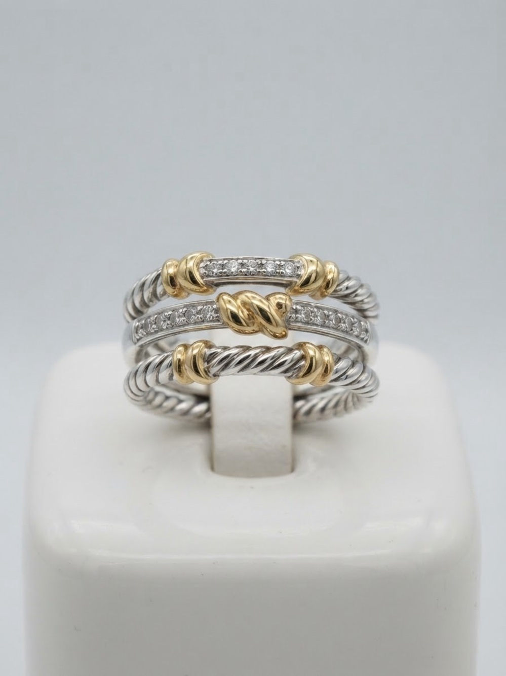 David Yurman Two-Tone Cable Stackable Ring with Diamond Accents — Gold & Silver